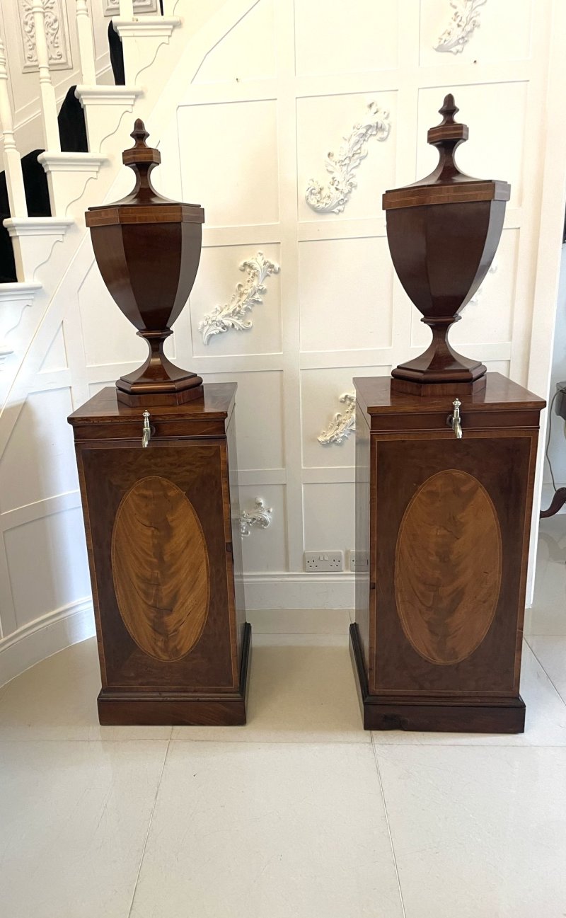 Rare Pair of Antique George III Outstanding Quality Mahogany Inlaid Wine Urns on Original Pedestal Cupboards